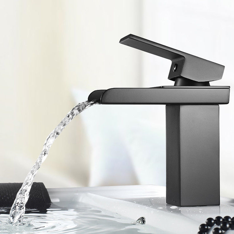 SUS304 Stainless Steel Waterfall Single Hole Single Handle Basin Mixer In Chrome Matte Black