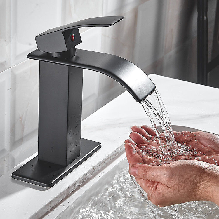 SUS304 Stainless Steel Waterfall Single Hole Single Handle Basin Mixer In Matte Black Chrome Brushed Grey