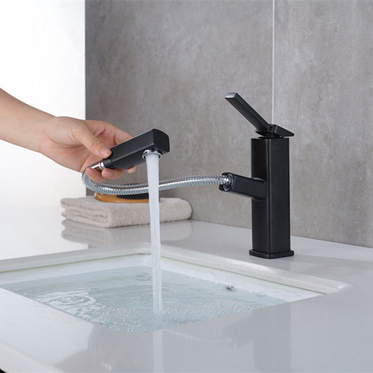 Brass Pull-Out 360°Swivel Single Hole Single Handle Basin Mixer In Matte Black