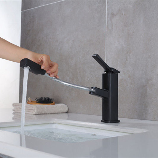 Brass Pull-Out 360°Swivel Single Hole Single Handle Basin Mixer In Matte Black