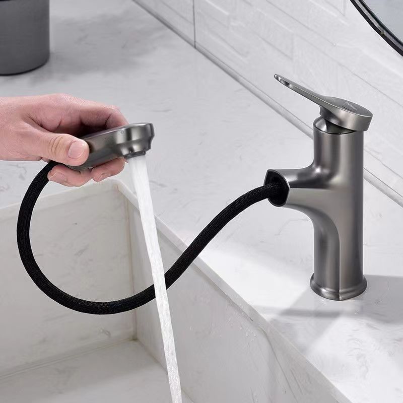 Brass Modern Pull-Out 360°Swivel Single Hole Single Handle Basin Mixer In Chrome Matte Black Grey