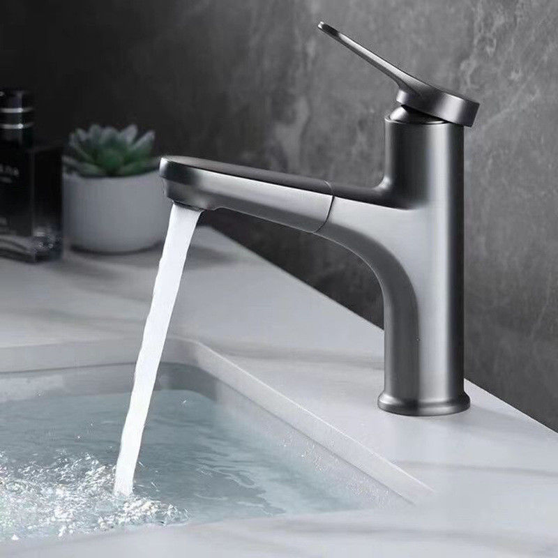 Brass Modern Pull-Out 360°Swivel Single Hole Single Handle Basin Mixer In Chrome Matte Black Grey